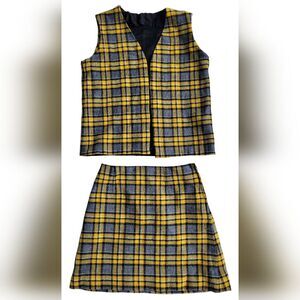1960s Vintage Handmade Plaid Vest & Mini Skirt Set XS Mod Punk Two Piece